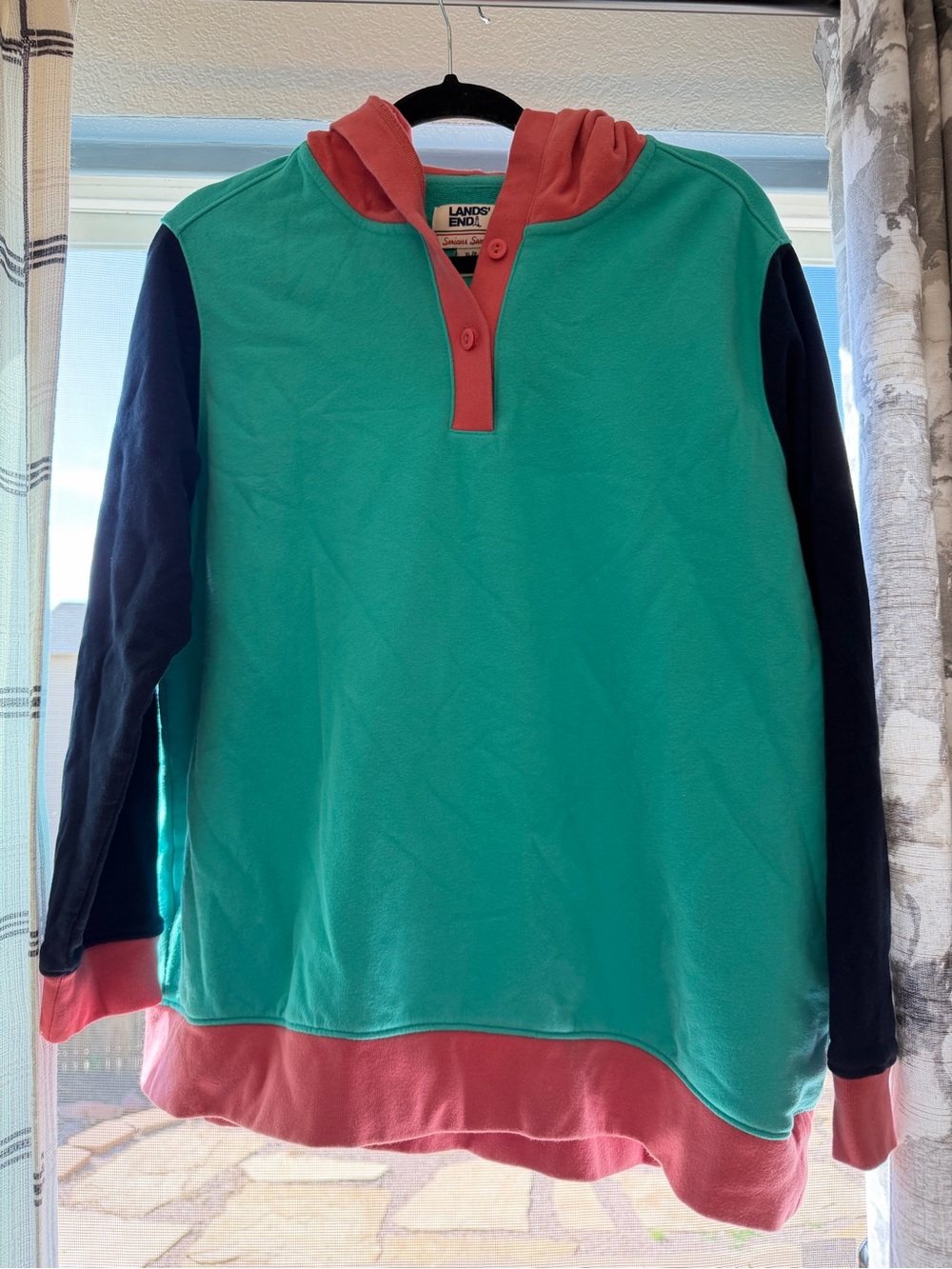 Lands' End Teal and Coral Colorblock Hooded Pullover